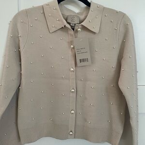 Sioni Pearl-Studded Cream Cardigan